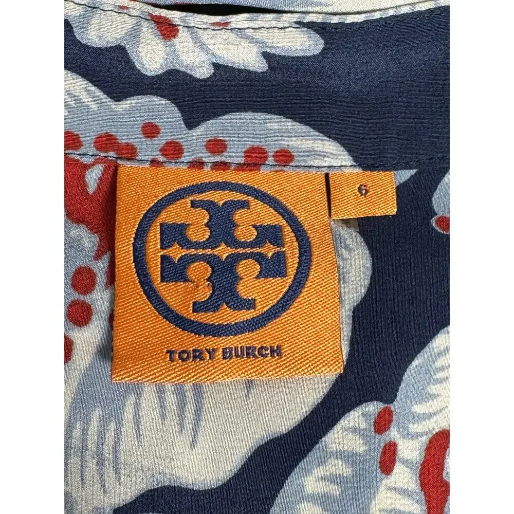 Tory Burch Navy Blue Floral‎ Print Silk Blouse Size 6